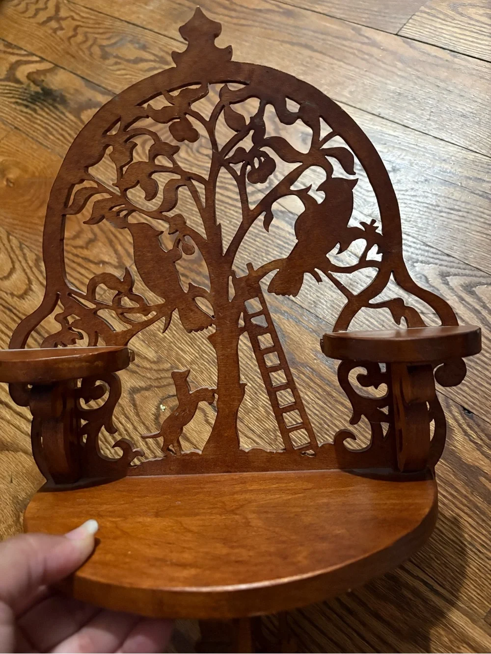 Vintage Brown Wooden Shelf with Folk art Tree & Bird Cutout